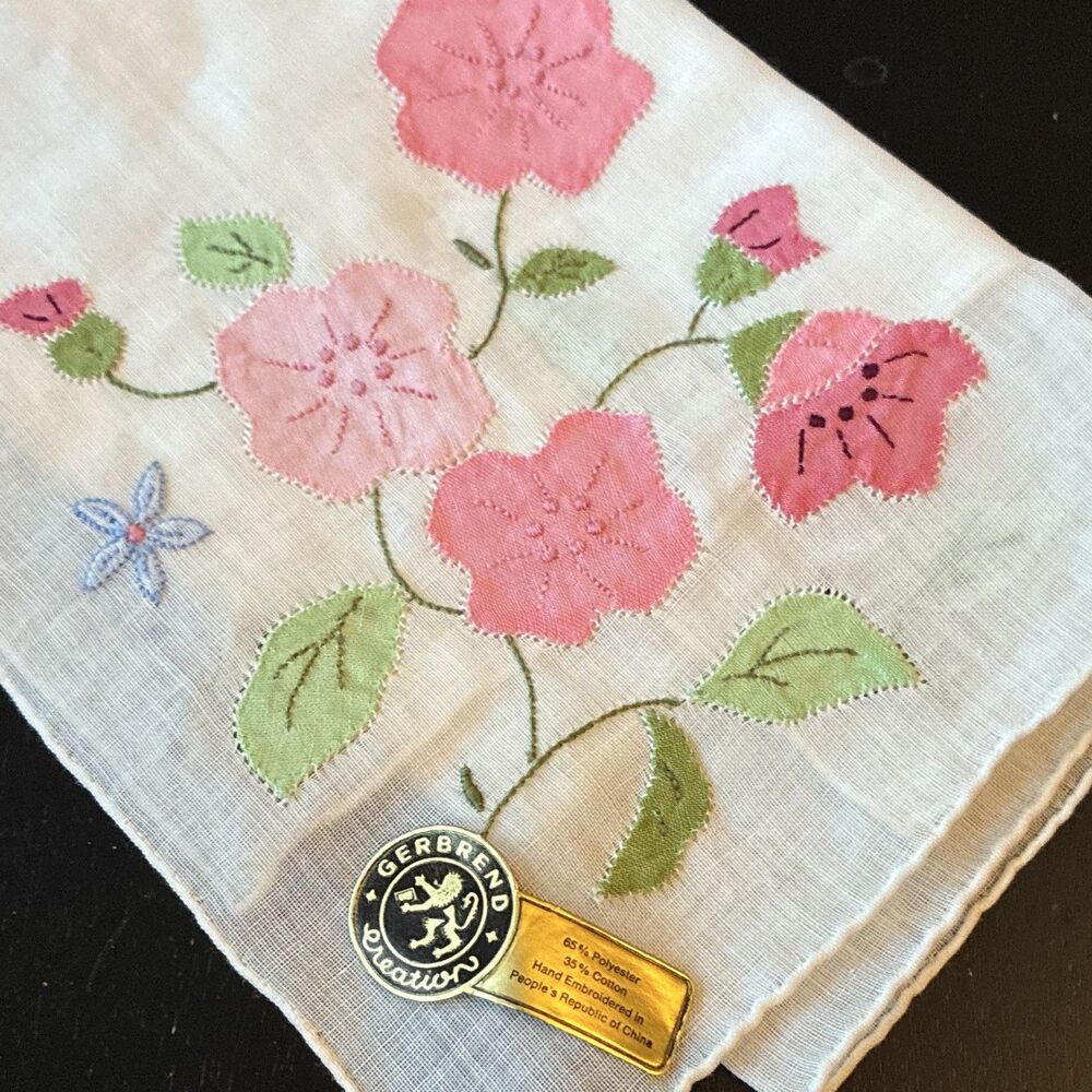 Gerbrend Creation White Floral Embroidered Handkerchief‎ Pink/Green